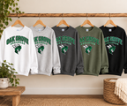 Vintage Oak Grove Arkansas sweatshirts in White, Ash, Charcoal, Military Green, and Black hanging on a wooden rail