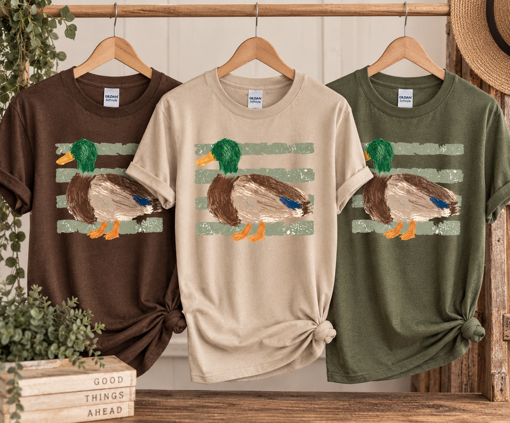 Watercolored Mallard Tee rack photo - Chocolate Brown, Dune Mist, and Military Green