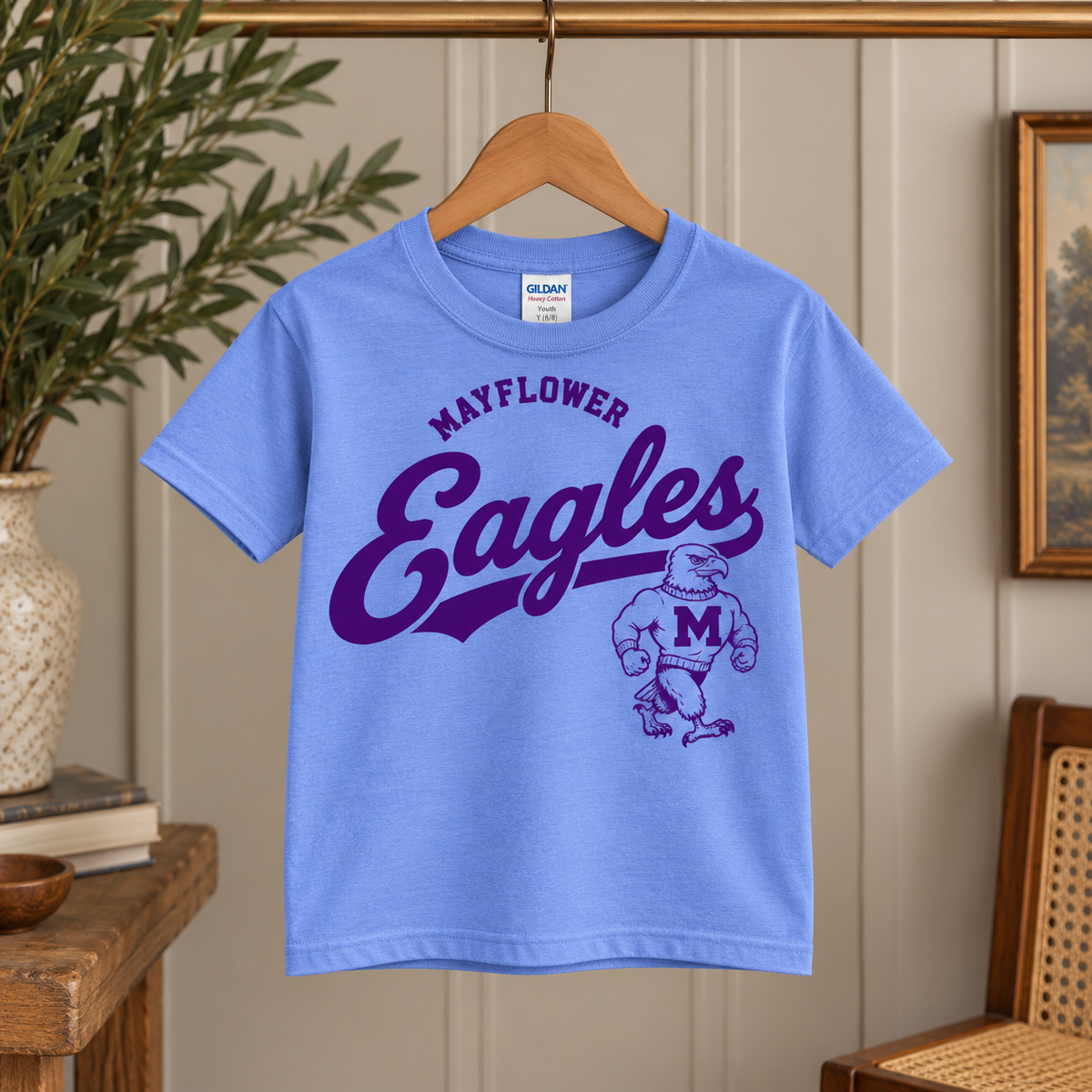 Youth Mayflower Eagles Vintage Gildan Tee in Blue