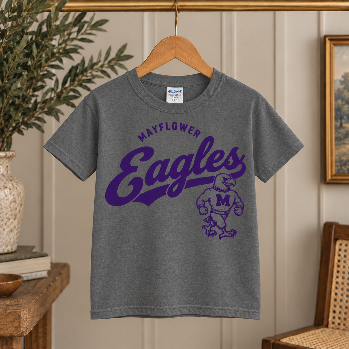 Youth Mayflower Eagles Vintage Gildan Tee in Charcoal