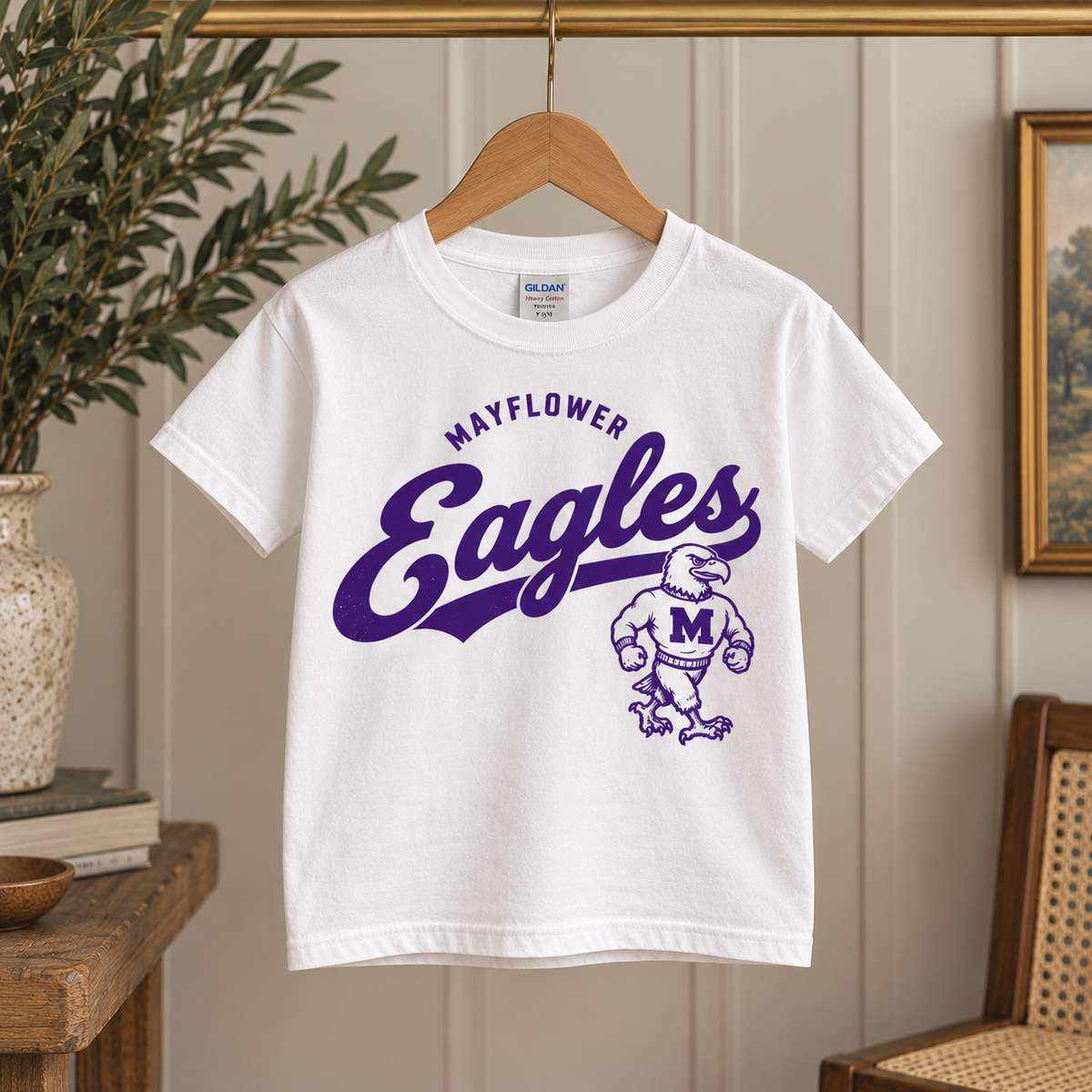 Youth Mayflower Eagles Vintage Gildan Tee in White